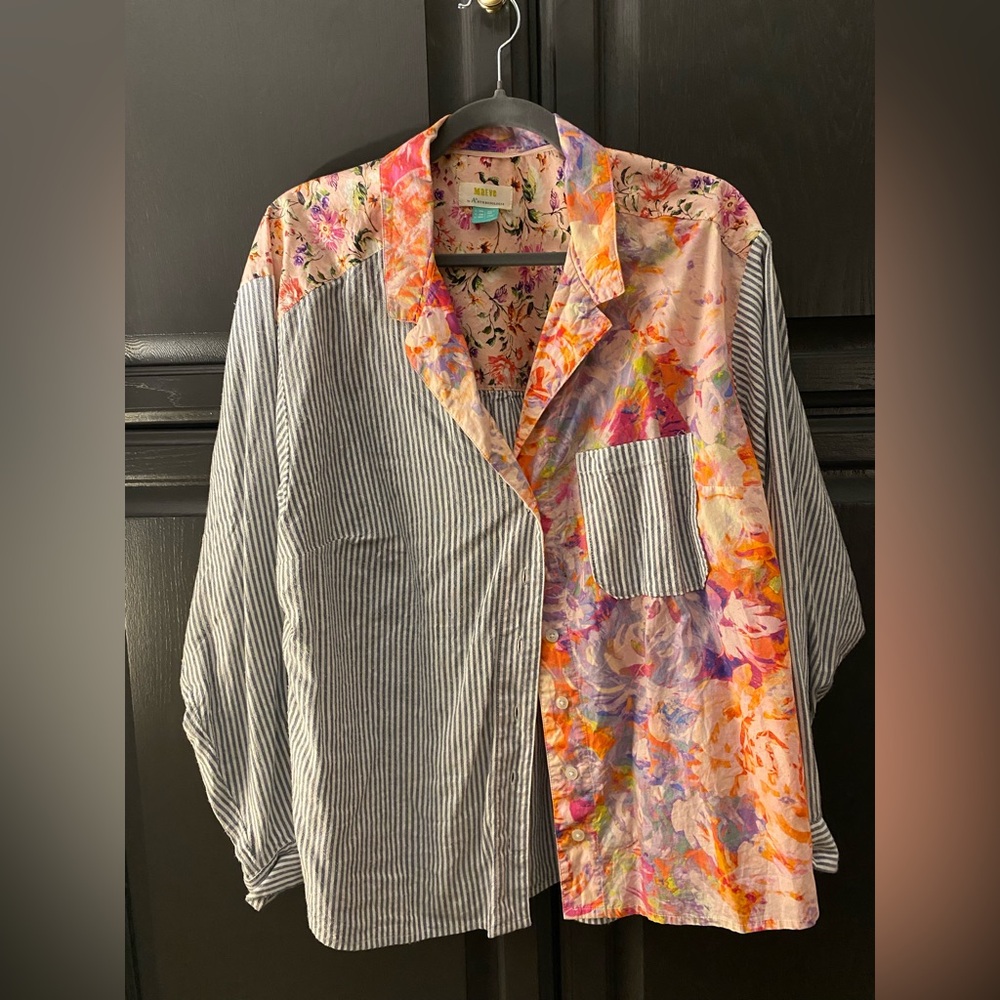 Anthropologie Mixed-Print Button-Front Top in Floral & Stripe